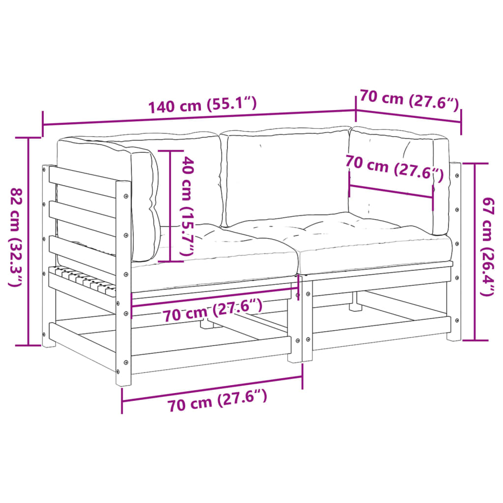 vidaXL Set de sofás jardín 2 pzas con cojines madera maciza pino