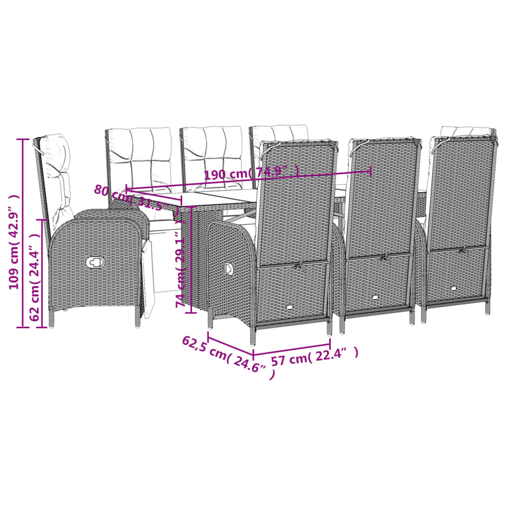 vidaXL Set comedor jardín 9 pzas y cojines ratán sintético gris