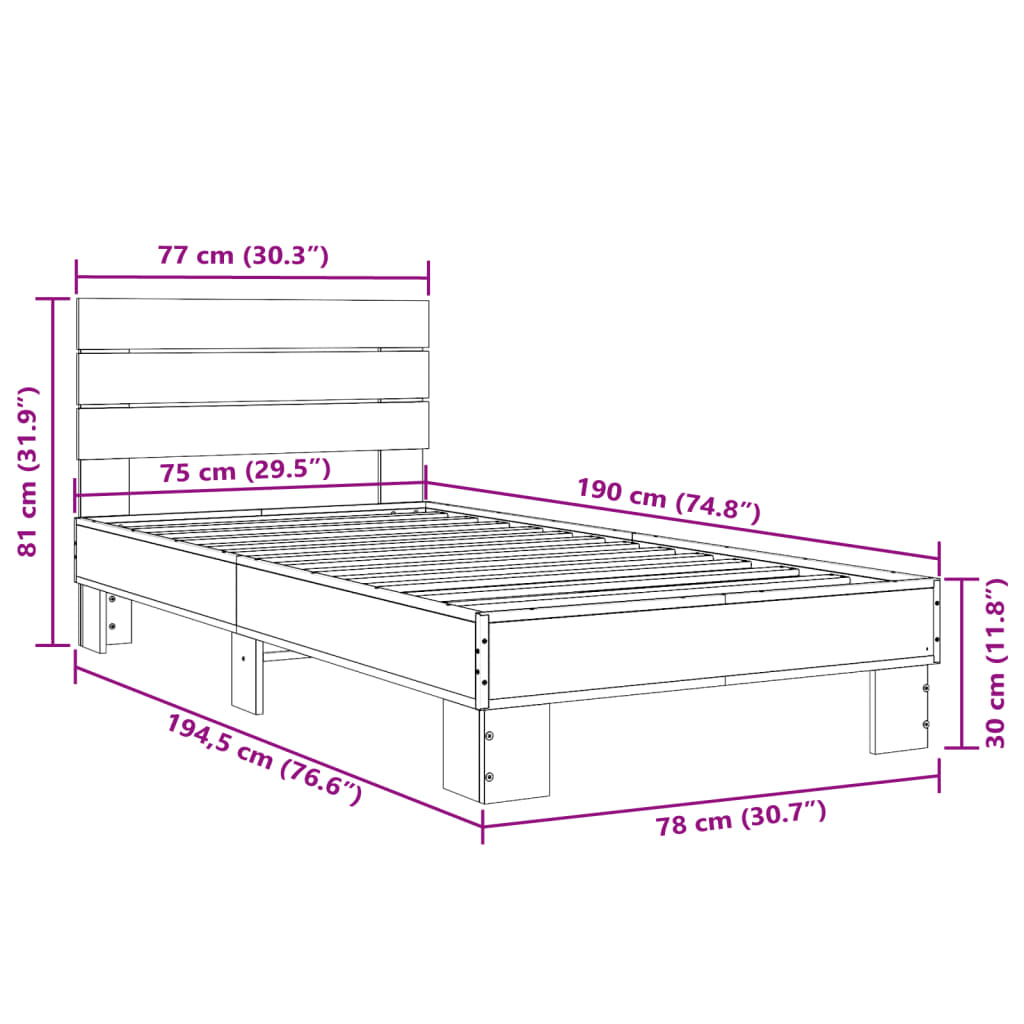 vidaXL Estructura de cama madera de ingeniería y metal negra 75x190 cm