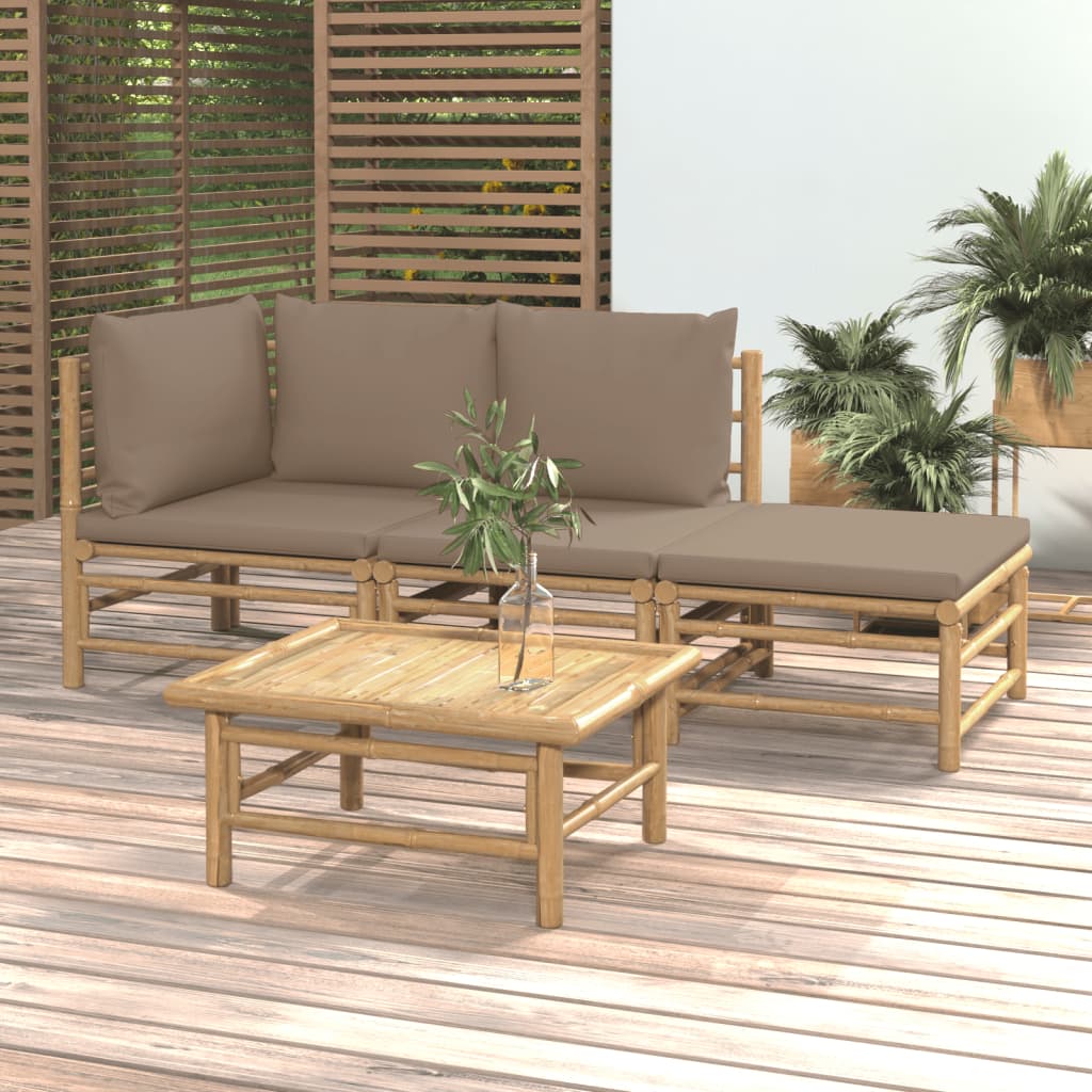 vidaXL Set de muebles de jardín 4 piezas bambú y cojines gris taupe