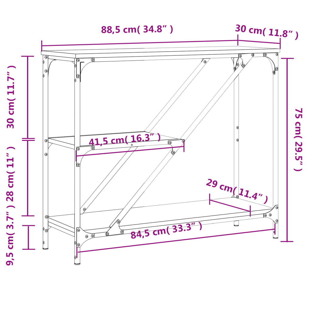 vidaXL Mesa consola madera de ingeniería gris Sonoma 88,5x30x75 cm