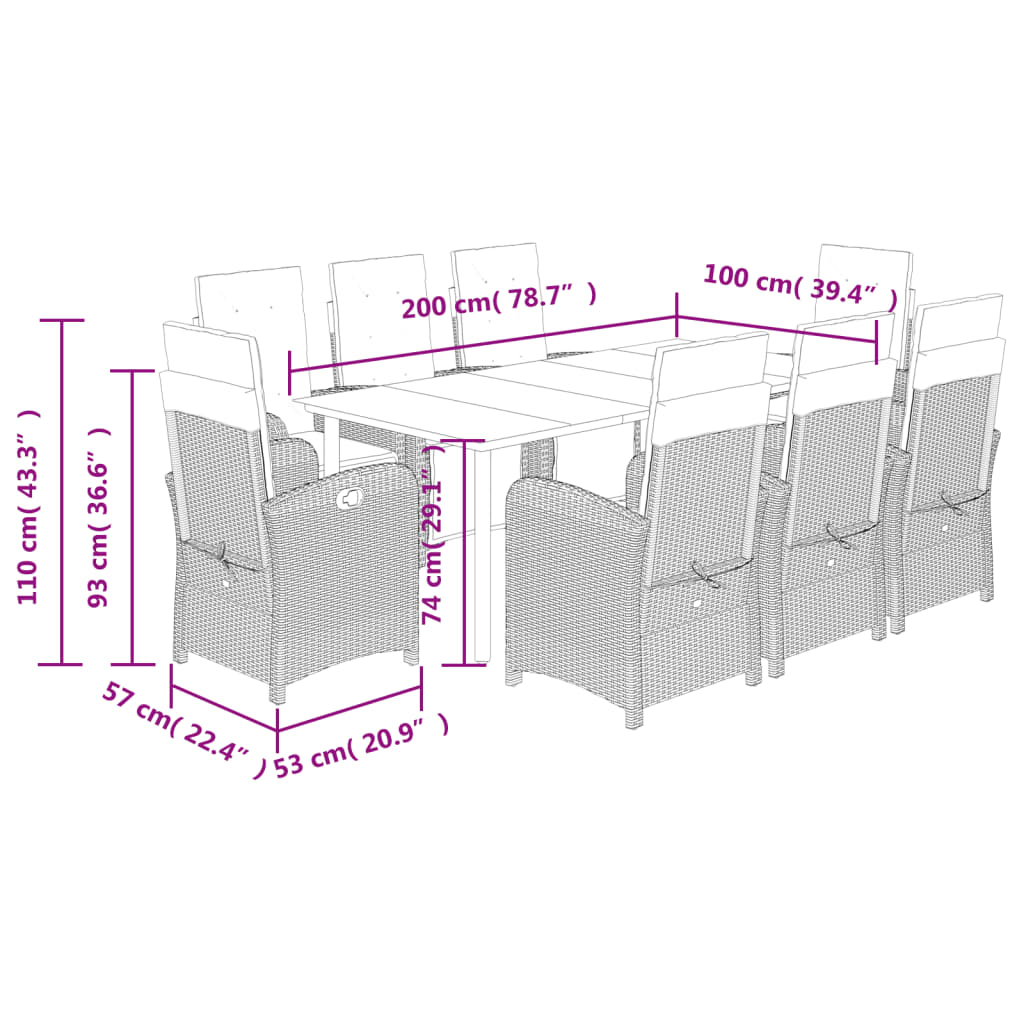 vidaXL Set comedor jardín 9 pzas y cojines ratán sintético gris