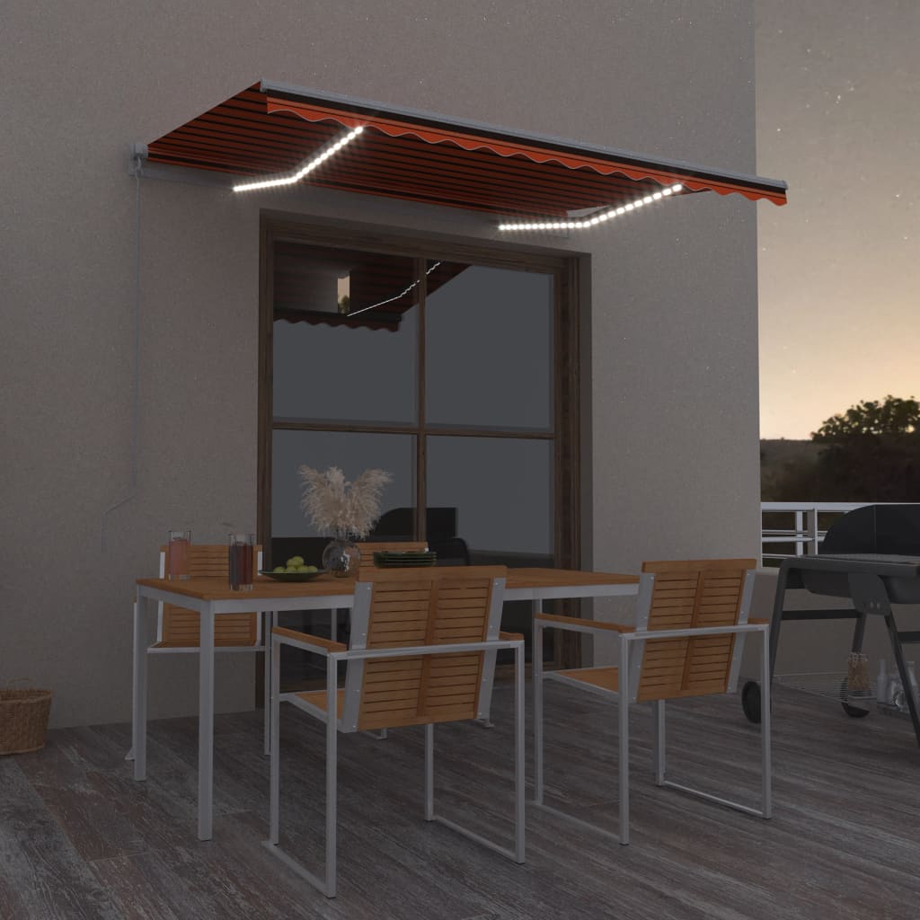 vidaXL Toldo manual retráctil con LED naranja y marrón 300x250 cm