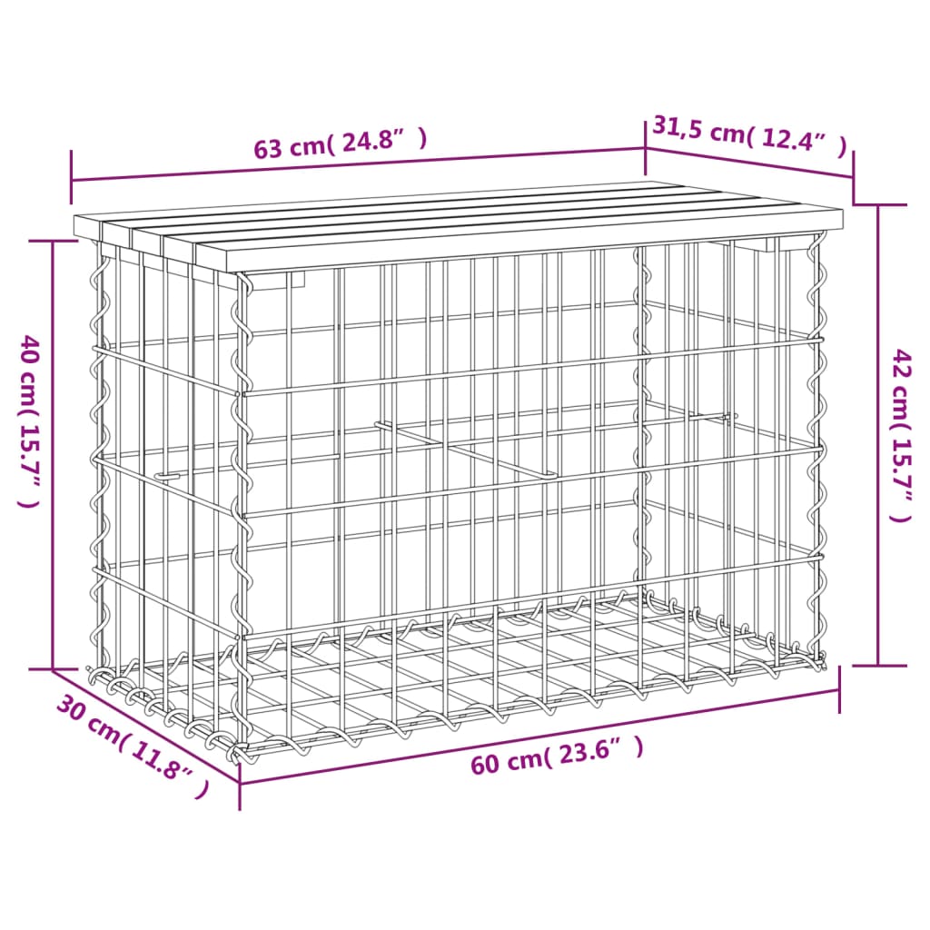 vidaXL Banco jardín diseño gaviones madera abeto Douglas 63x31,5x42 cm