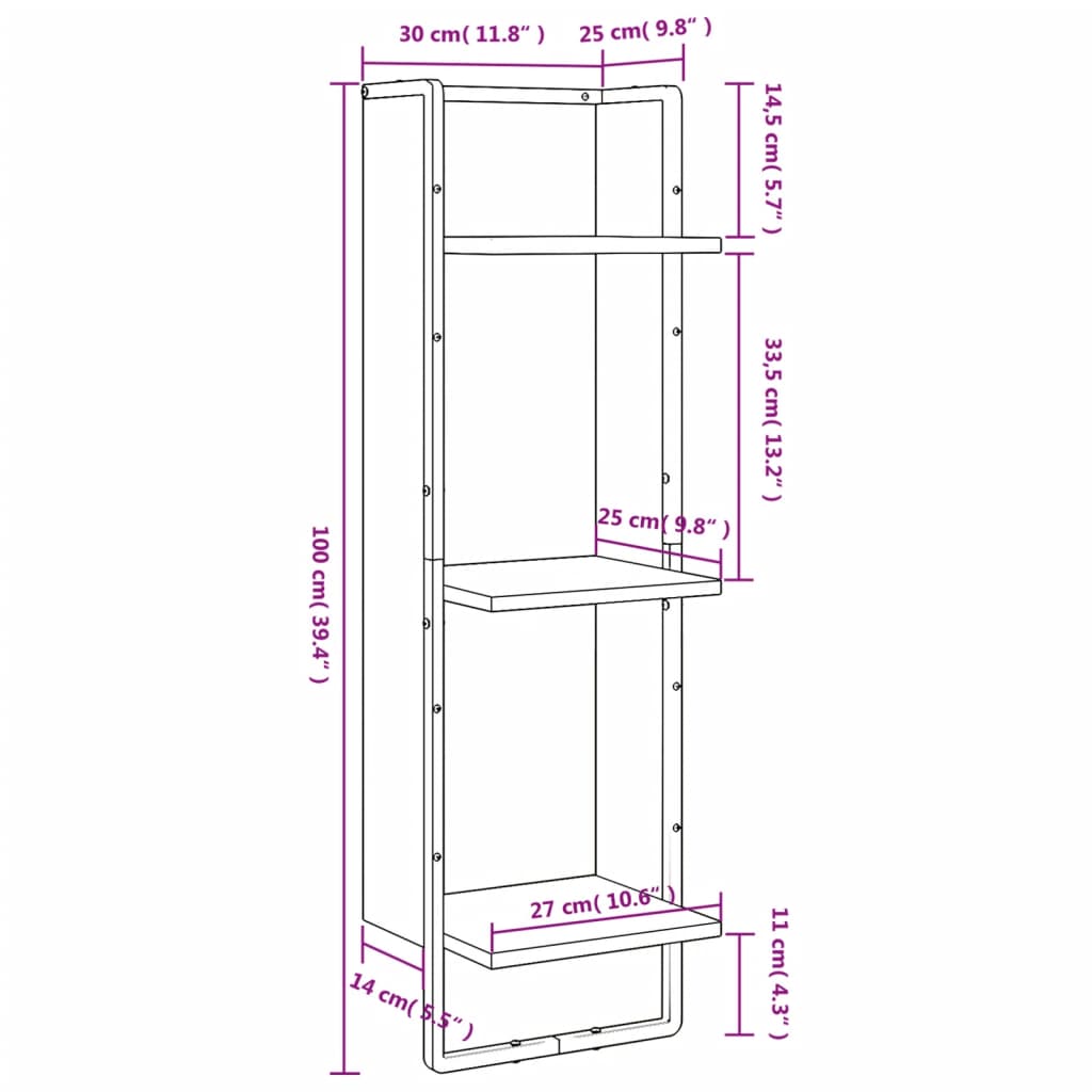 vidaXL Estantería de pared 3 niveles madera roble Sonoma 30x25x100 cm