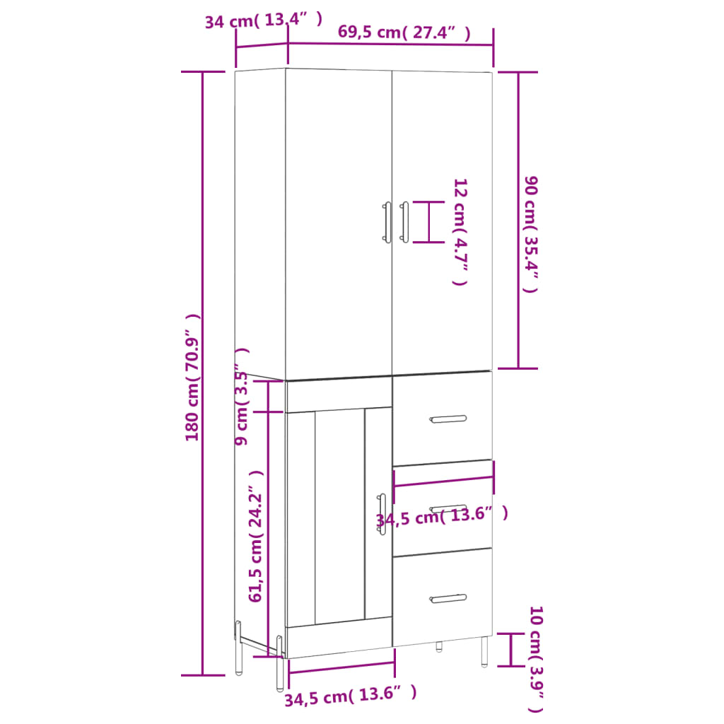 vidaXL Aparador alto madera contrachapada blanco brillo 69,5x34x180 cm