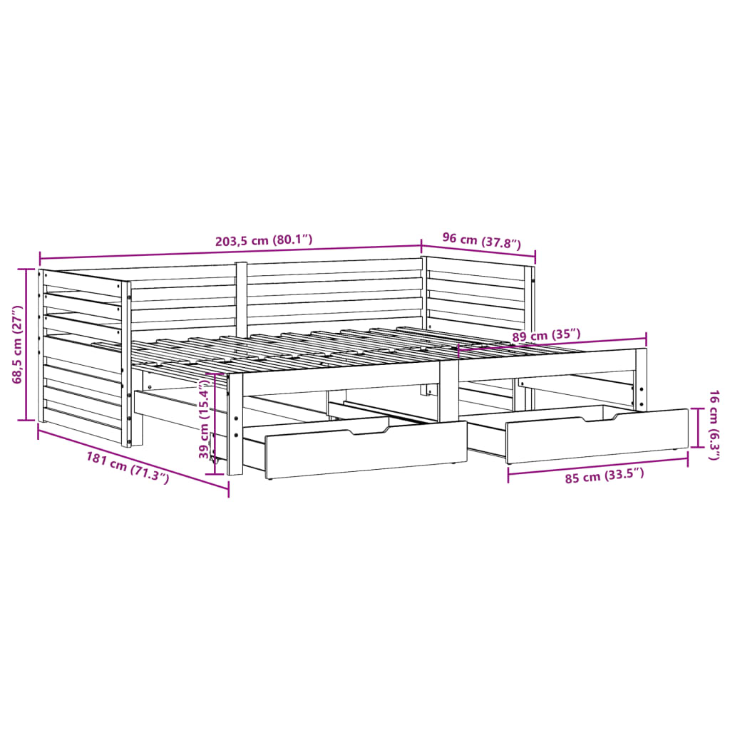 vidaXL Sofá cama con cajones madera maciza de pino blanco 90x200 cm