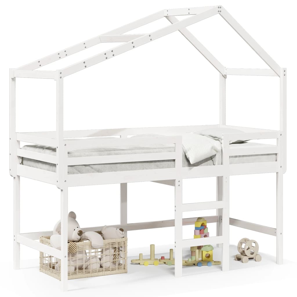 vidaXL Cama alta escalera y techo madera maciza pino blanca 80x200 cm