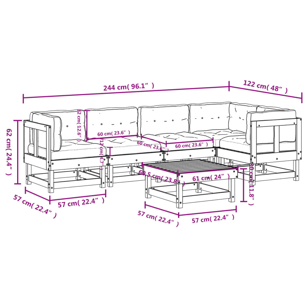 vidaXL Juego de muebles jardín 6 piezas y cojines madera maciza blanco