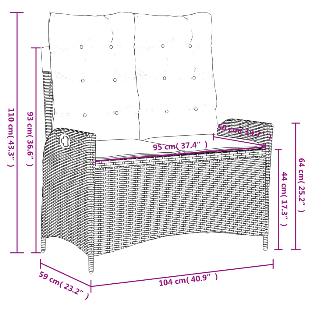 vidaXL Sillón reclinable de jardín con cojines ratán sintético negro