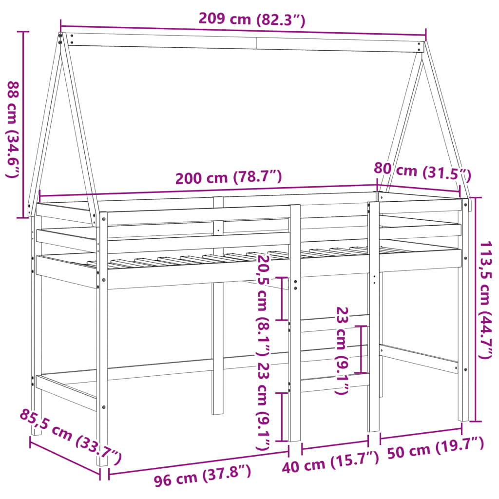 vidaXL Cama alta escalera y techo madera maciza pino blanca 80x200 cm