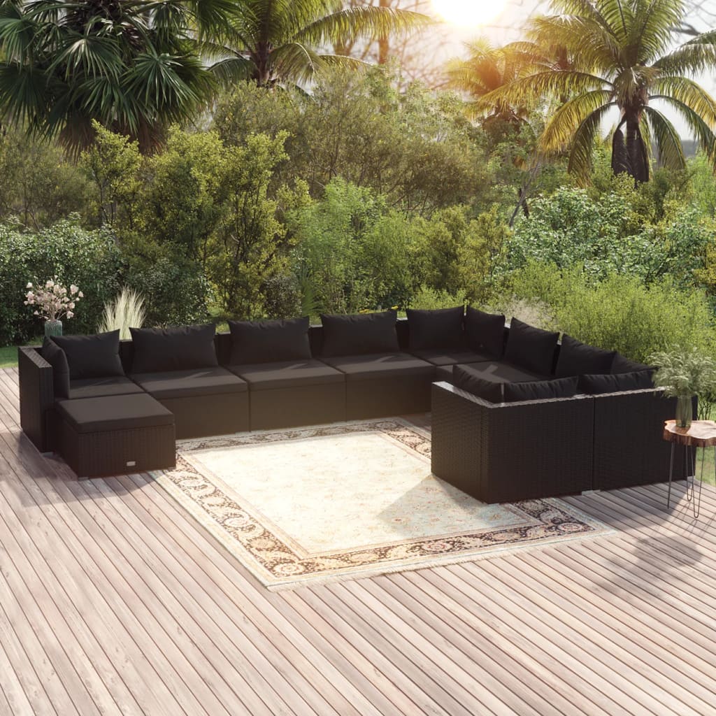 vidaXL Set de muebles de jardín 10 pzas cojines ratán sintético negro