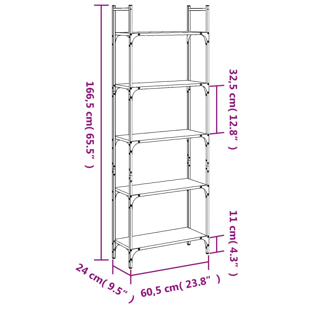 vidaXL Librería de 5 estantes madera roble Sonoma 60,5x24x166,5 cm