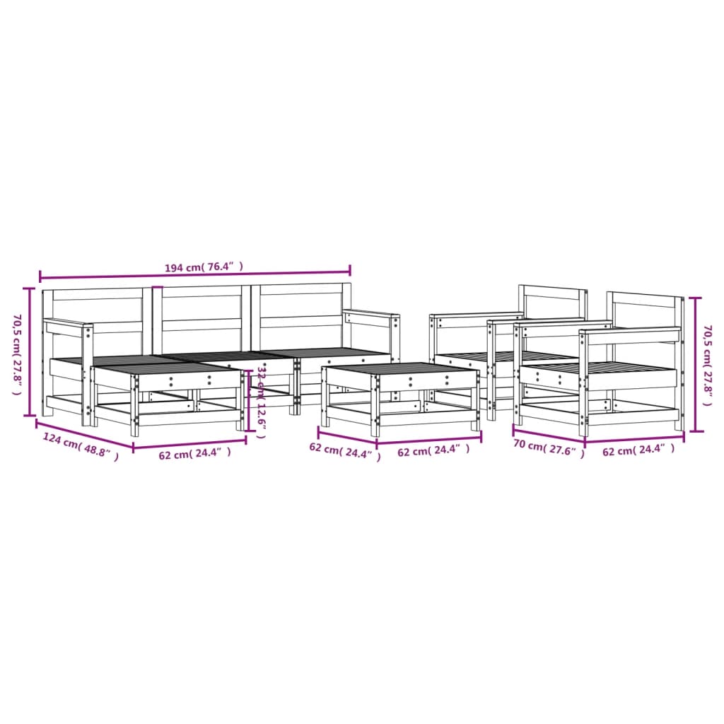 vidaXL Juego de muebles de jardín 7 piezas madera maciza de pino