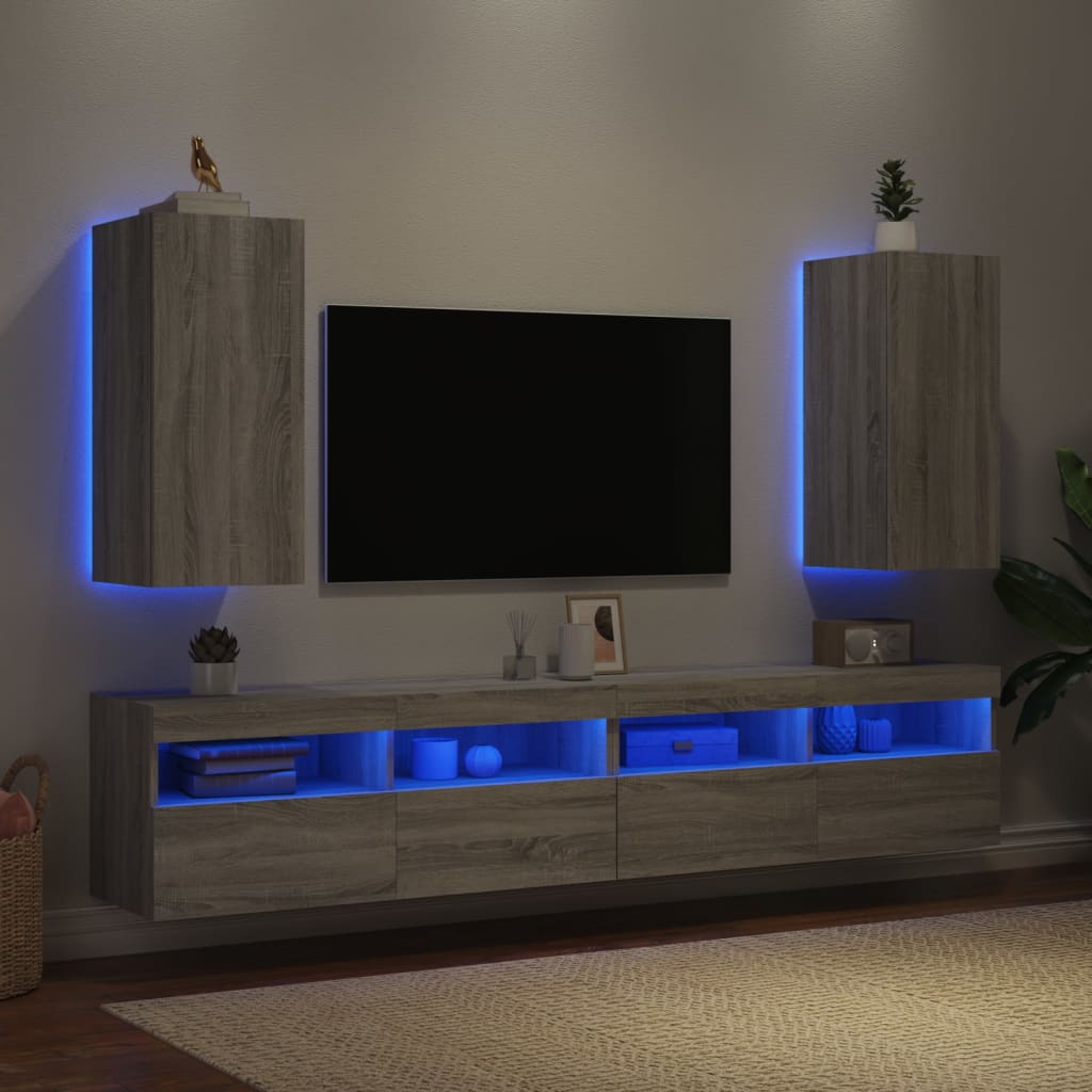 vidaXL Muebles TV pared con luces LED 2 uds gris Sonoma 30,5x35x70 cm