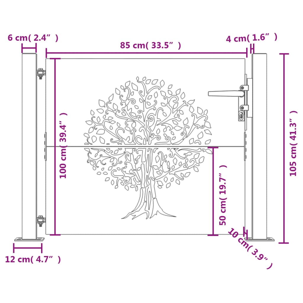 vidaXL Puerta de jardín acero corten diseño árbol 105x105 cm