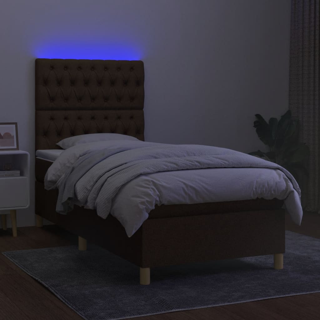 vidaXL Cama box spring colchón luces LED tela marrón oscuro 100x200cm