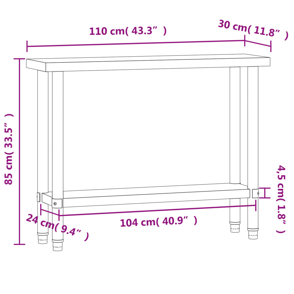 vidaXL Mesa de trabajo de cocina acero inoxidable 110x30x85 cm