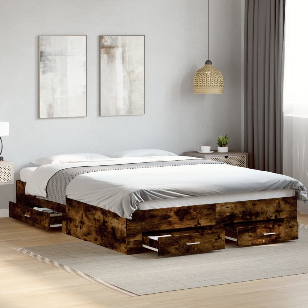 vidaXL Cama con cajones madera de ingeniería roble ahumado 150x200 cm