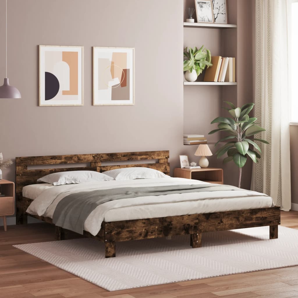 vidaXL Cama con cabecero madera de ingeniería roble ahumado 160x200 cm