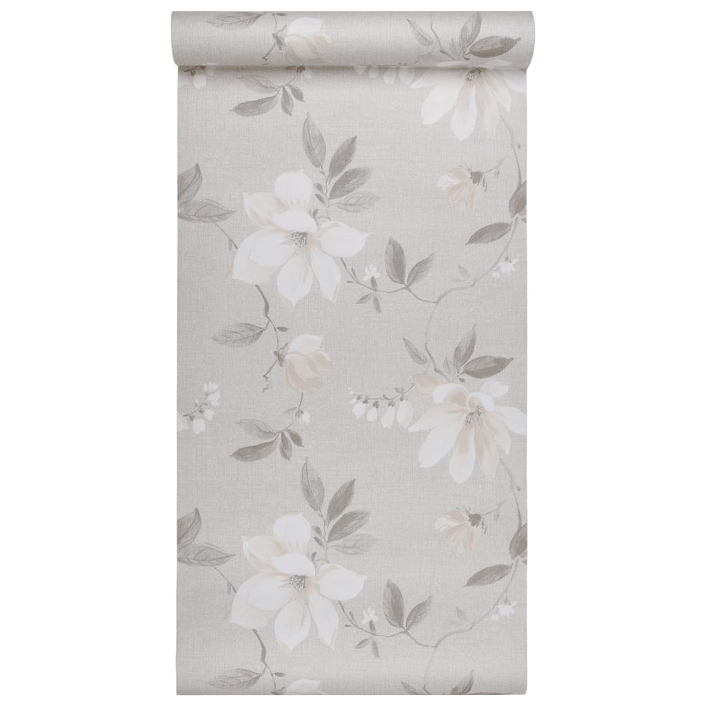 vidaXL Papel pintado 3D no tejido estampado de flores gris 10x0,53 m