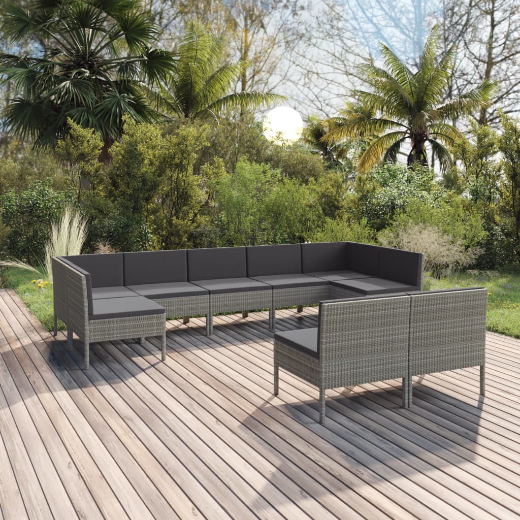 vidaXL Set de muebles de jardín 9 pzas y cojines ratán sintético gris