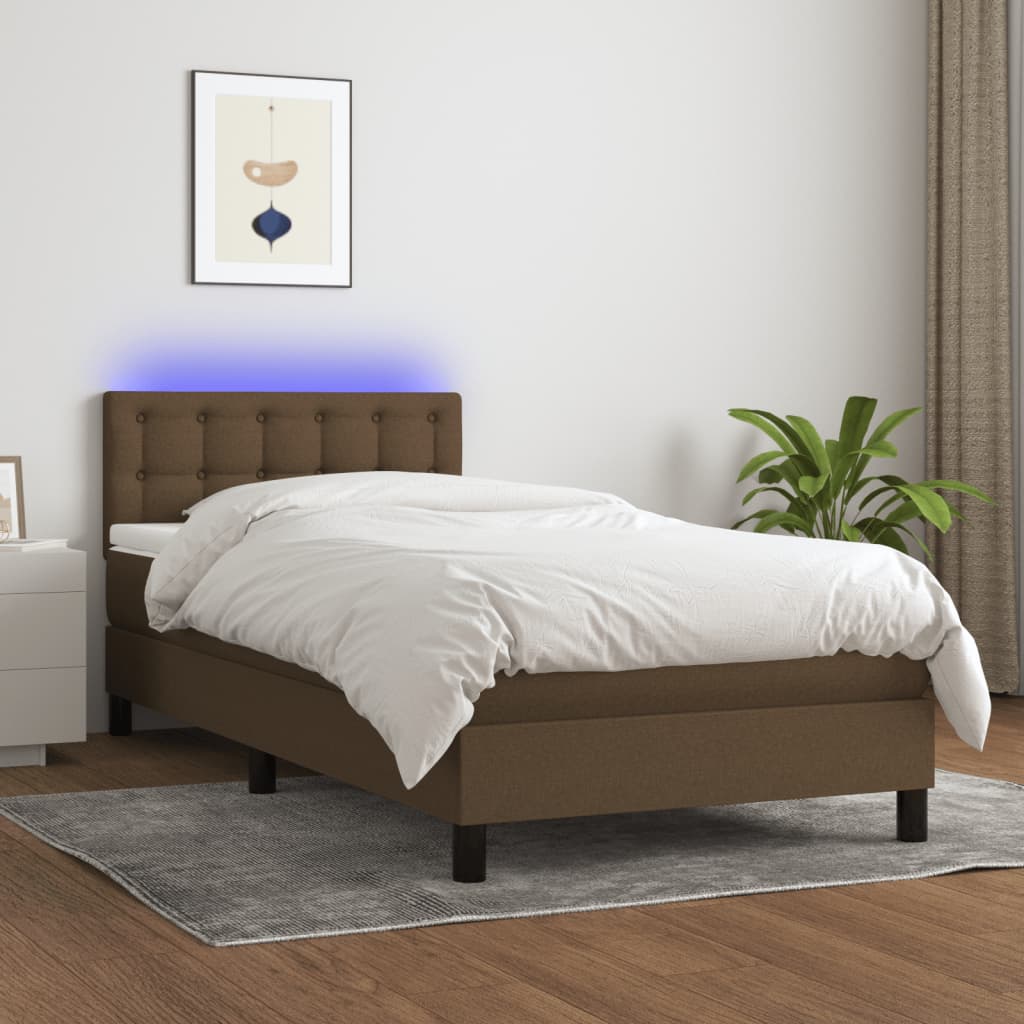 vidaXL Cama box spring colchón y luces LED tela marrón oscuro 90x200cm