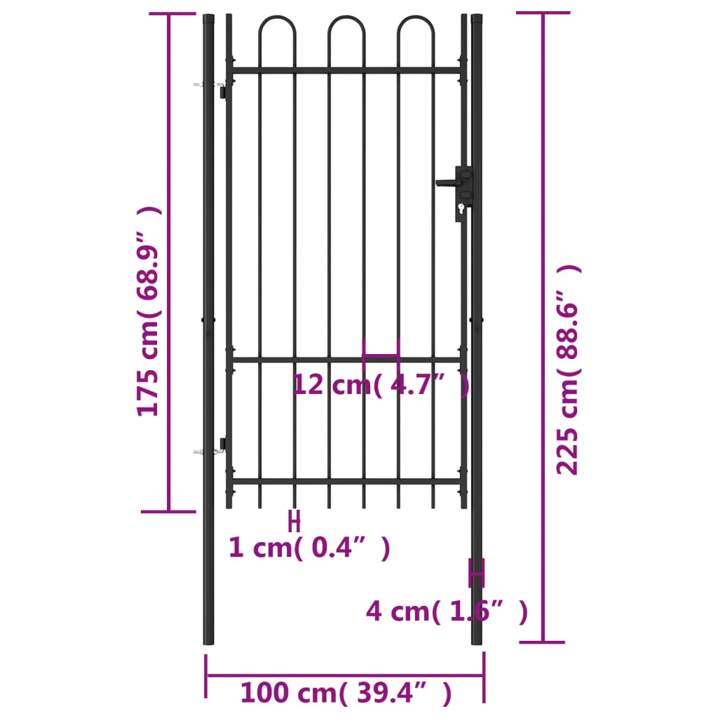 vidaXL Cancela de valla con una puerta y arco acero negro 1x1,75 m