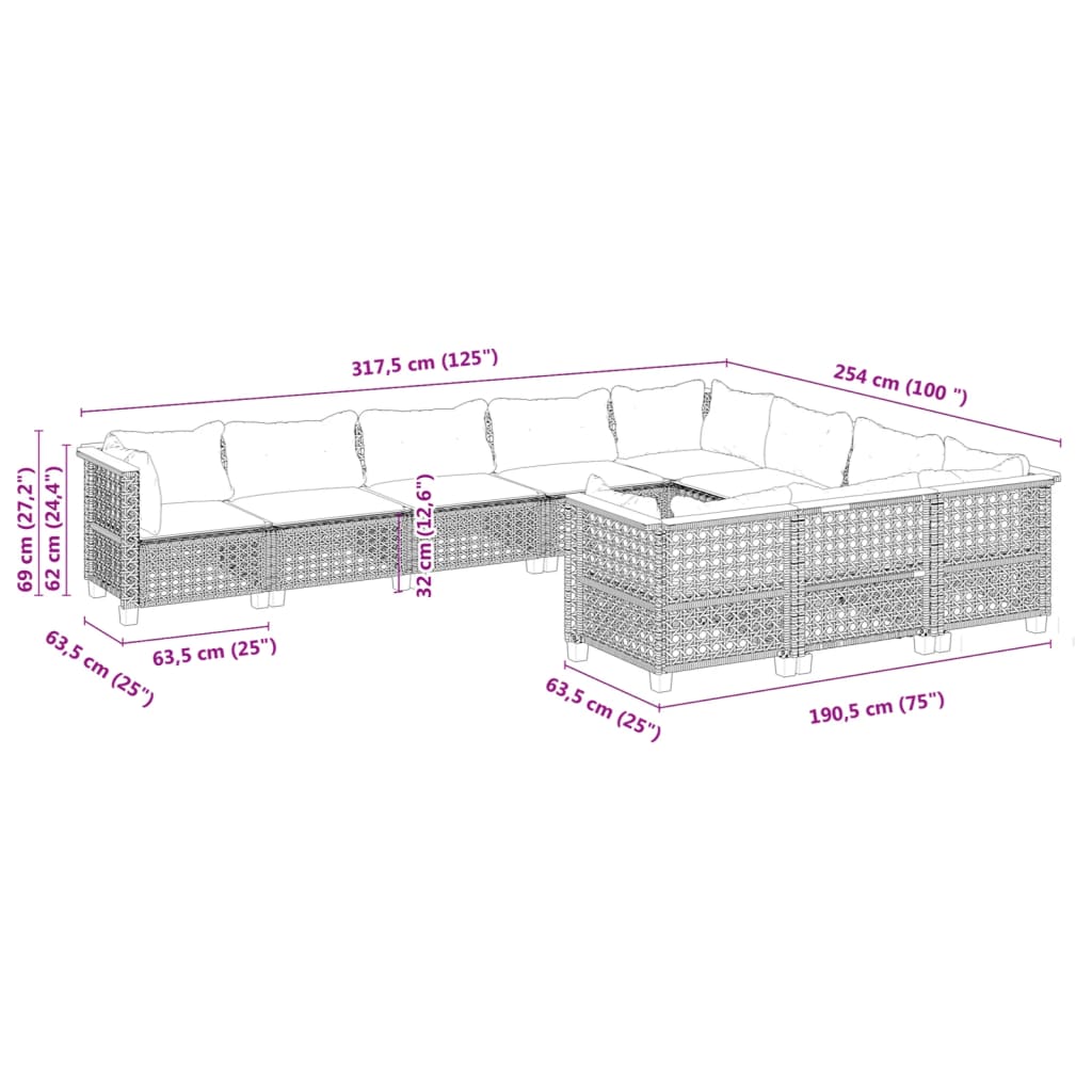 vidaXL Set de sofás de jardín 10 pzas cojines ratán sintético negro