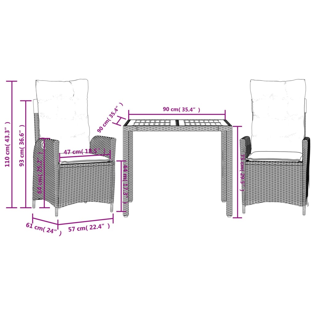 vidaXL Set comedor de jardín 3 piezas con cojines ratán sintético gris