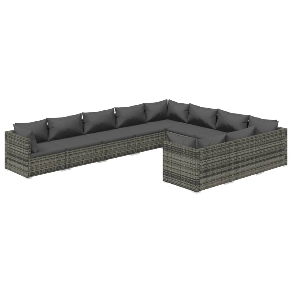 vidaXL Set de muebles de jardín 10 pzas y cojines ratán sintético gris