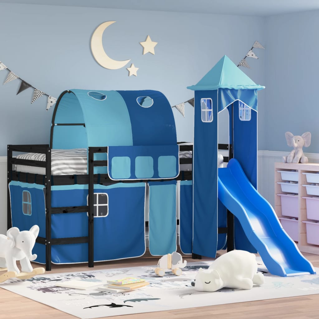 vidaXL Cama alta para niños con torre madera pino azul 90x200 cm