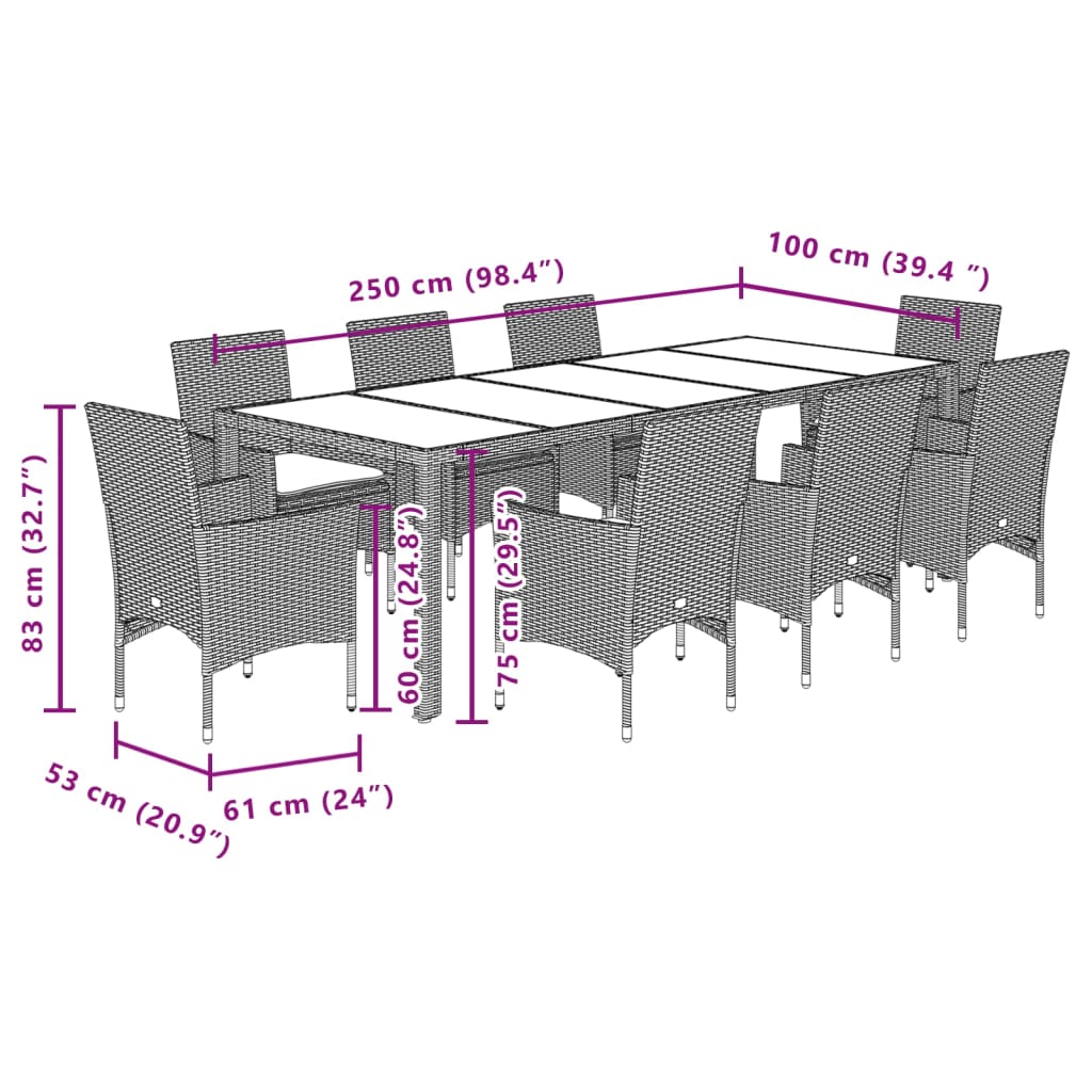 vidaXL Set comedor jardín 9 pzas y cojines ratán sintético vidrio gris