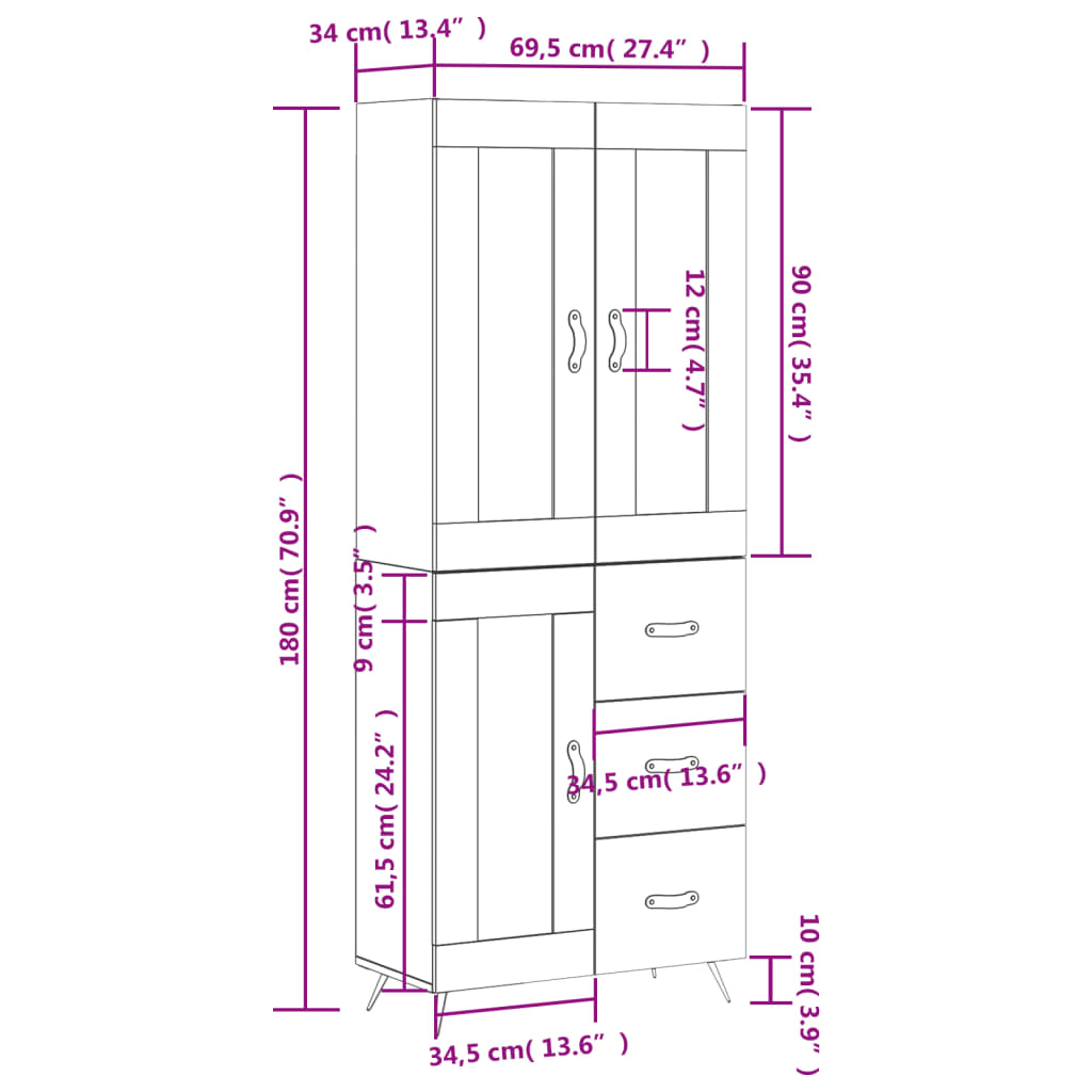 vidaXL Aparador alto madera contrachapada blanco 69,5x34x180 cm