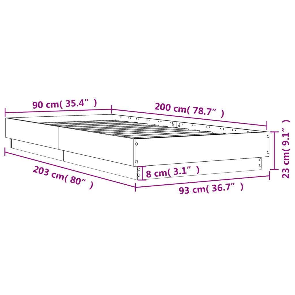 vidaXL Estructura de cama con luces LED gris hormigón 90x200 cm