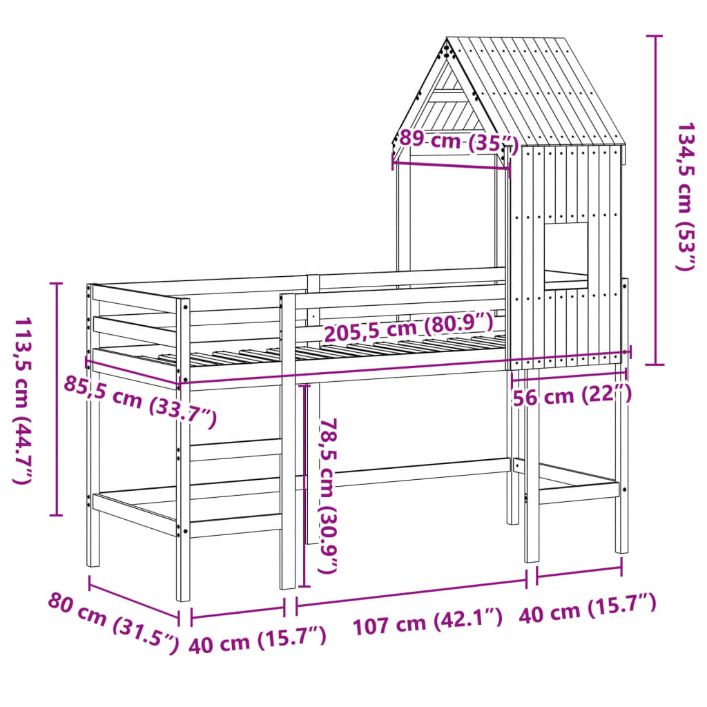 vidaXL Cama alta con escalera y techo madera maciza de pino 80x200 cm