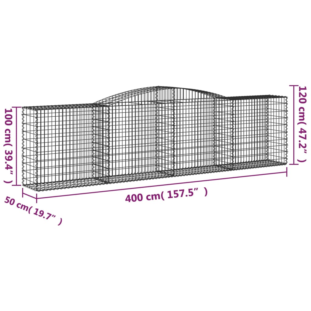 vidaXL Cestas de gaviones 3 uds forma de arco hierro 400x50x100/120 cm