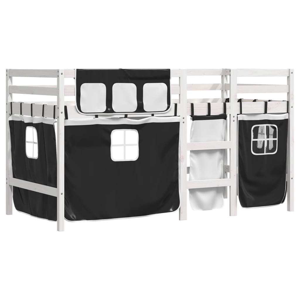 vidaXL Cama alta niños con cortinas madera pino blanco negro 80x200 cm