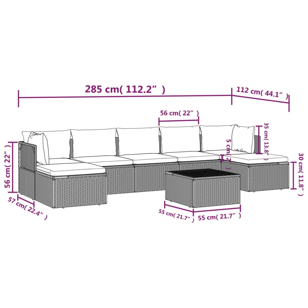 vidaXL Set de muebles de jardín 8 pzas y cojines ratán sintético gris