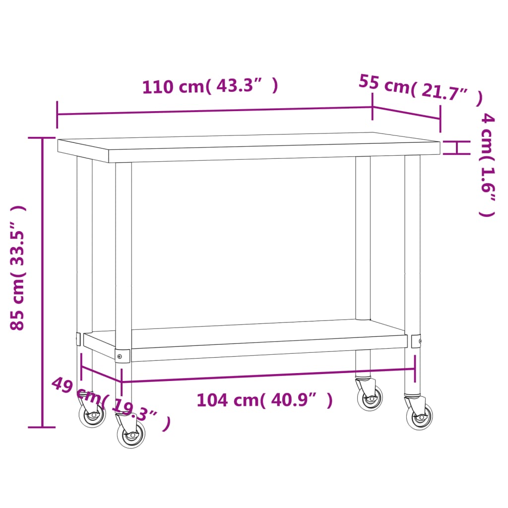 vidaXL Mesa de trabajo de cocina con ruedas acero inox 110x55x85 cm