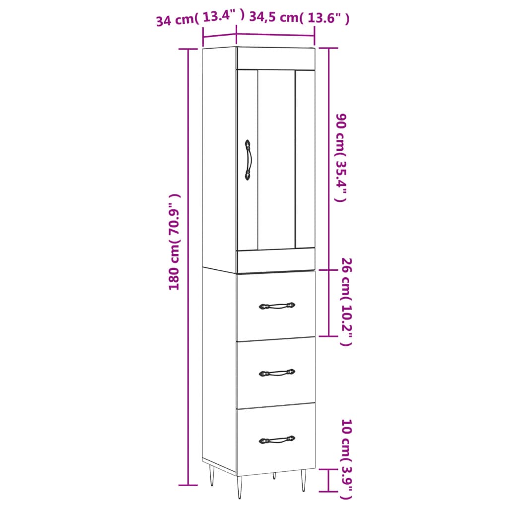 vidaXL Aparador de madera contrachapada gris hormigón 34,5x34x180 cm