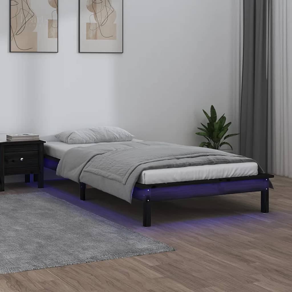 vidaXL Estructura de cama con LED madera maciza negra 90x190 cm