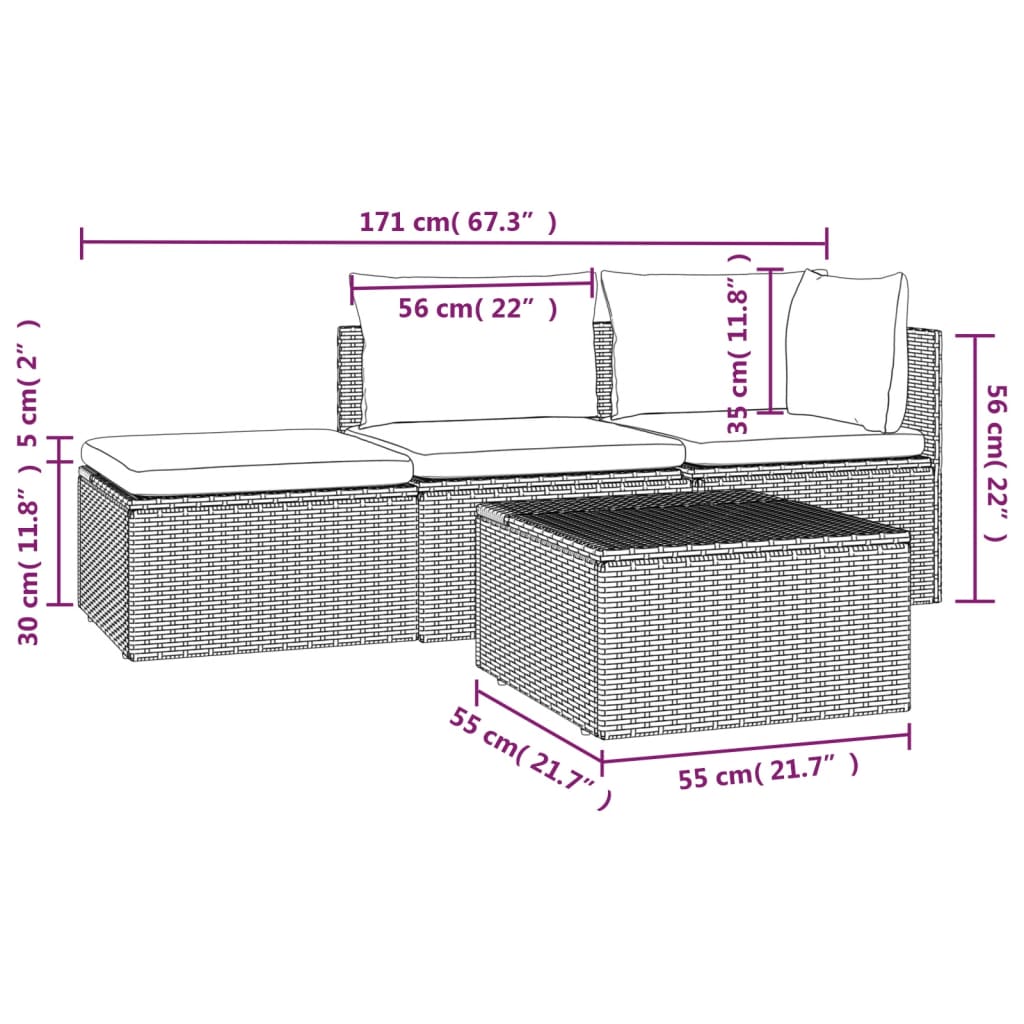 vidaXL Set de muebles de jardín 4 pzas y cojines ratán sintético gris