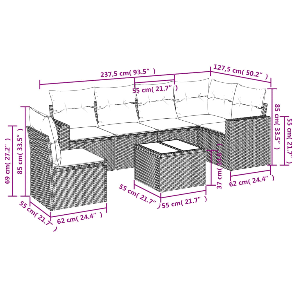 vidaXL Set de comedor de jardín 7 pzas y cojines ratán sintético negro