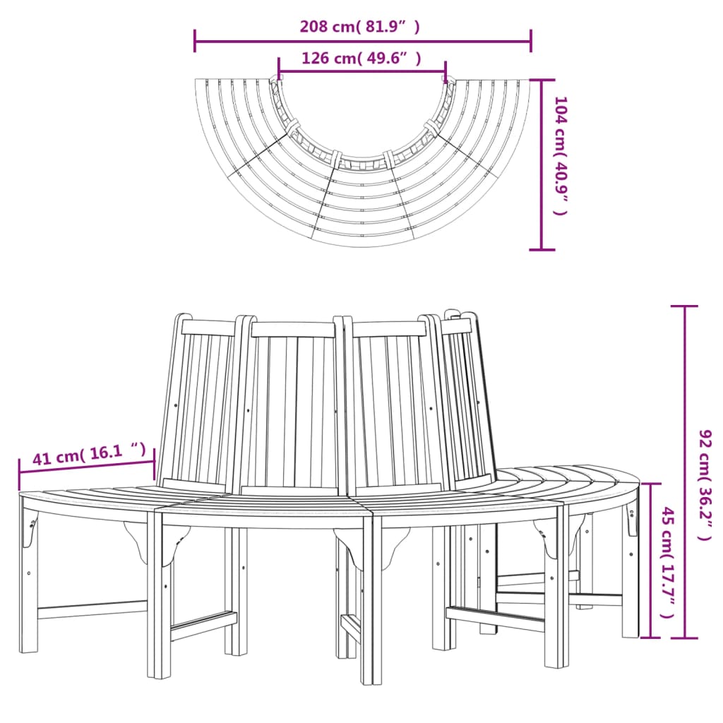 vidaXL Banco de árbol semicircular madera maciza eucalipto Ø208 cm