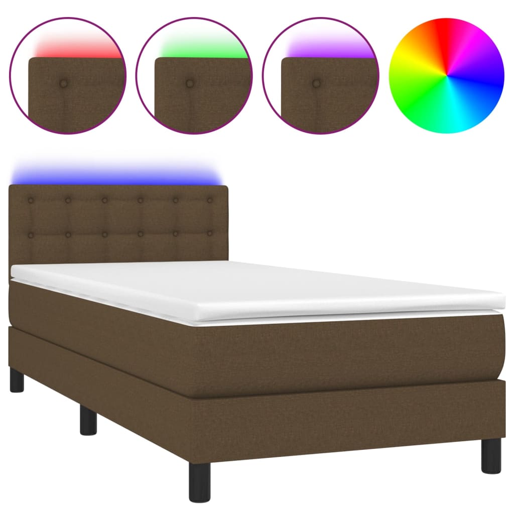 vidaXL Cama box spring colchón y luces LED tela marrón oscuro 90x200cm