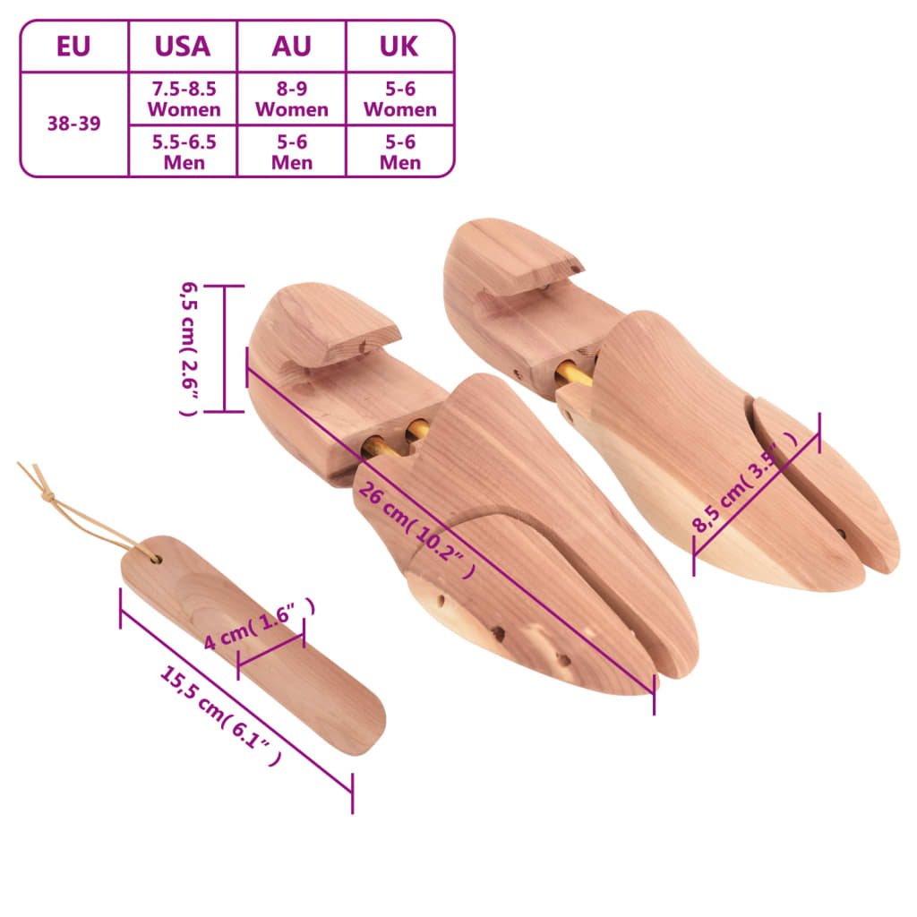 vidaXL Estirador de zapatos con calzador EU 38-39 madera maciza cedro