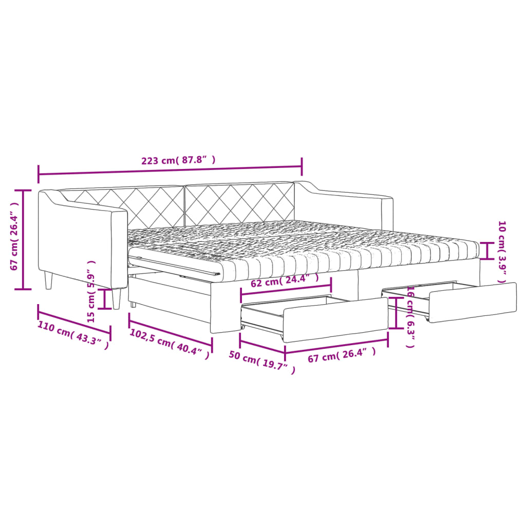 vidaXL Sofá cama nido con cajones tela gris claro 100x200 cm