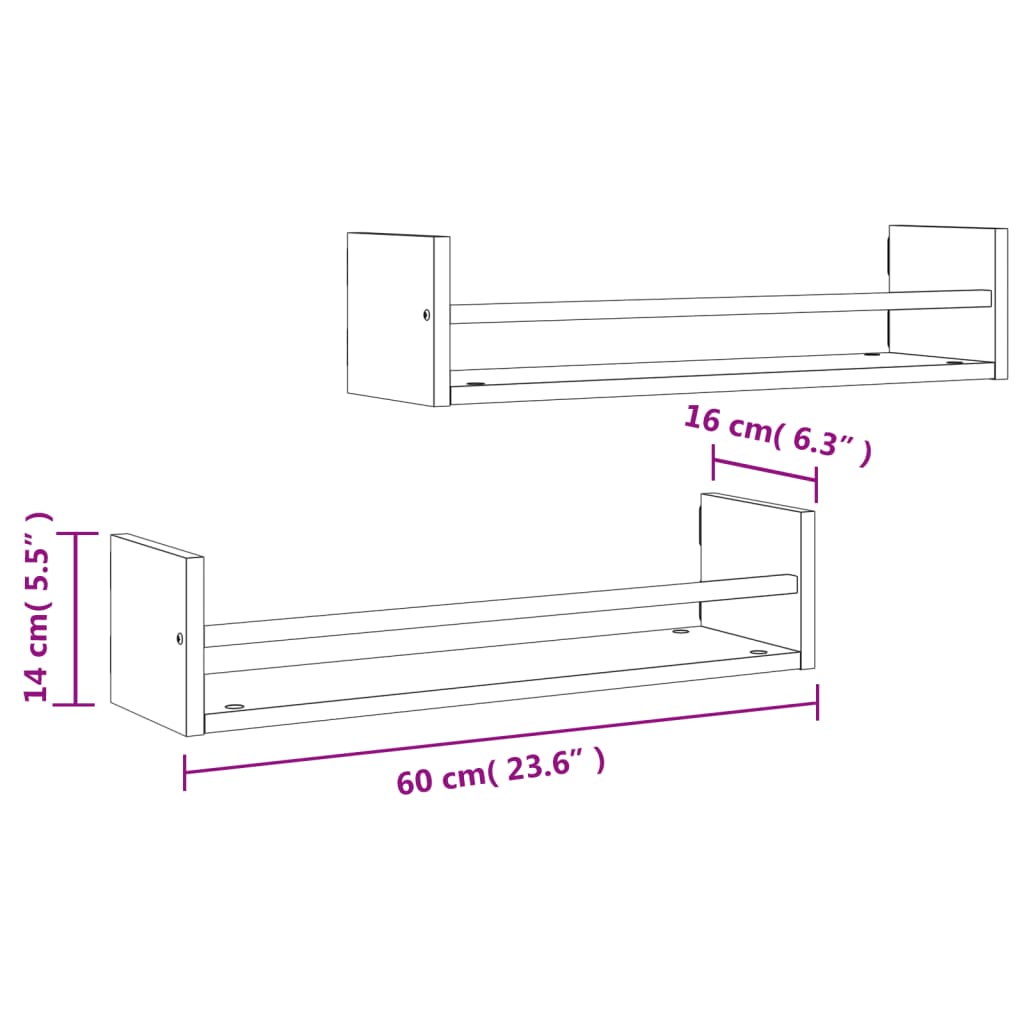 vidaXL Estantes de pared con barras 2 uds marrón roble 60x16x14 cm