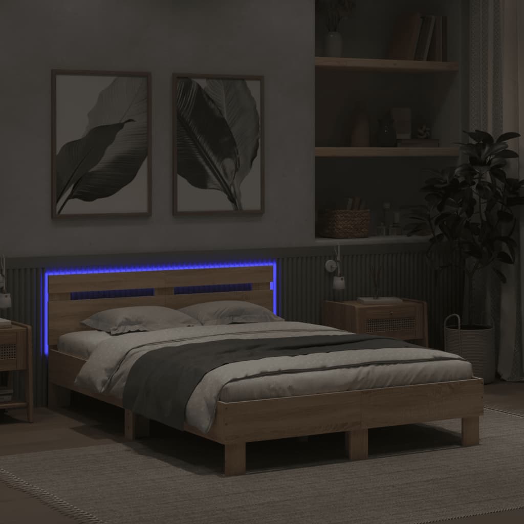 vidaXL Estructura de cama cabecero y luces LED roble Sonoma 120x200 cm